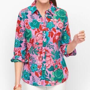 Talbots Petite Size Lp Pink Sketched Blooms Cotton Button Front Shirt Blouse